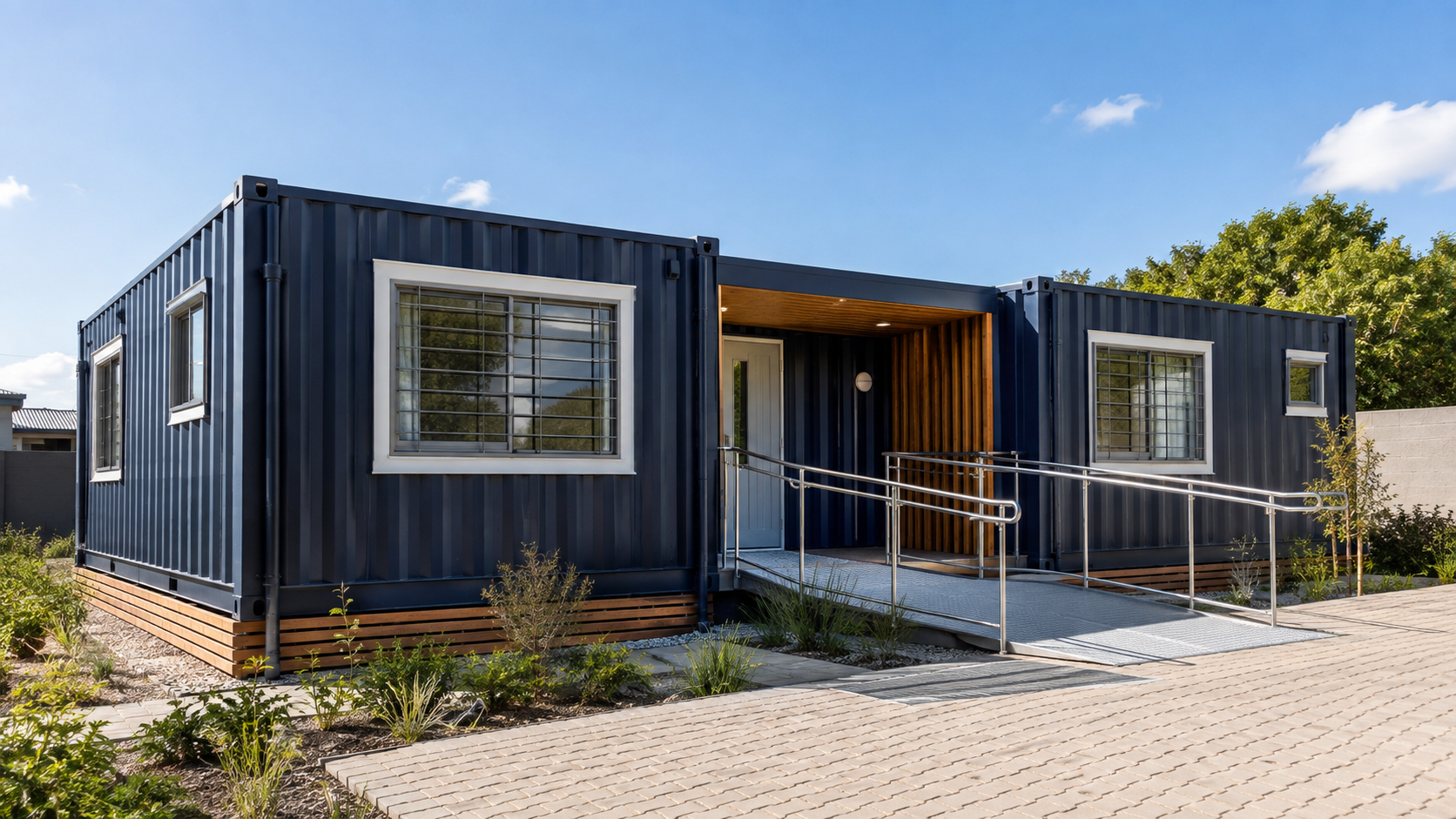 Multi-unit converted shipping-container classroom or clinic building